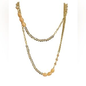 LOFT Gold Tone Long Necklace with Coral and Clear Crystals